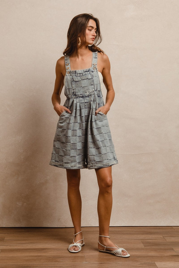 Washed Checker Denim Wide Leg Shortall Adjustable