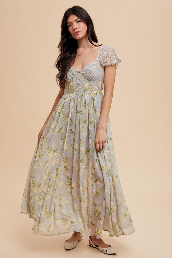 PANELED LACE FLORAL MAXI DRESS in Morning Fog- Final Sale