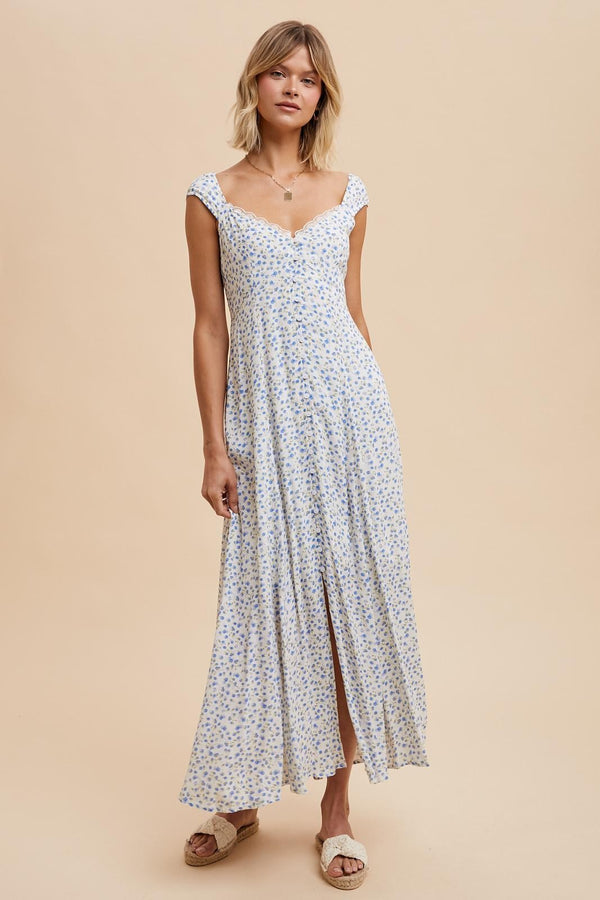 VISCOSE BUTTON DOWN FLORAL DRESS in Blue