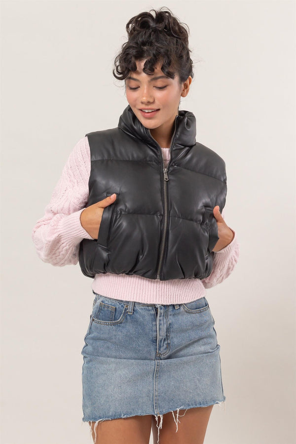 Leather Cropped Puffer Vest (Black)