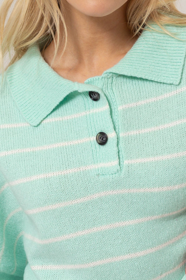 Striped Half-Placket Sweater (Pistachio)