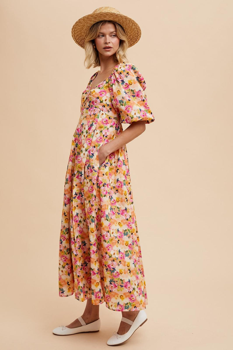 FLORAL COTTON MAXI DRESS in Peony