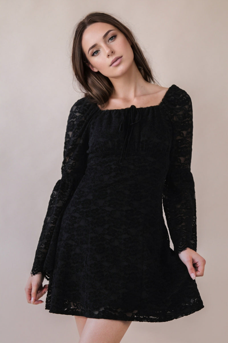 Black Textured Lace Bell Sleeve Mini Dress