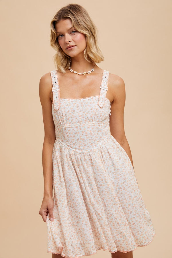 FLORAL APRON STYLE UTILITY MINI DRESS in Apricot- Final Sale