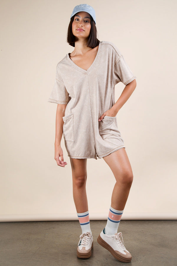 Mineral Washed Oversized Casual Knit Romper in Taupe