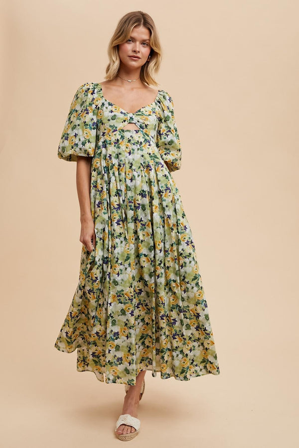 FLORAL COTTON MAXI DRESS in Fern- Final Sale