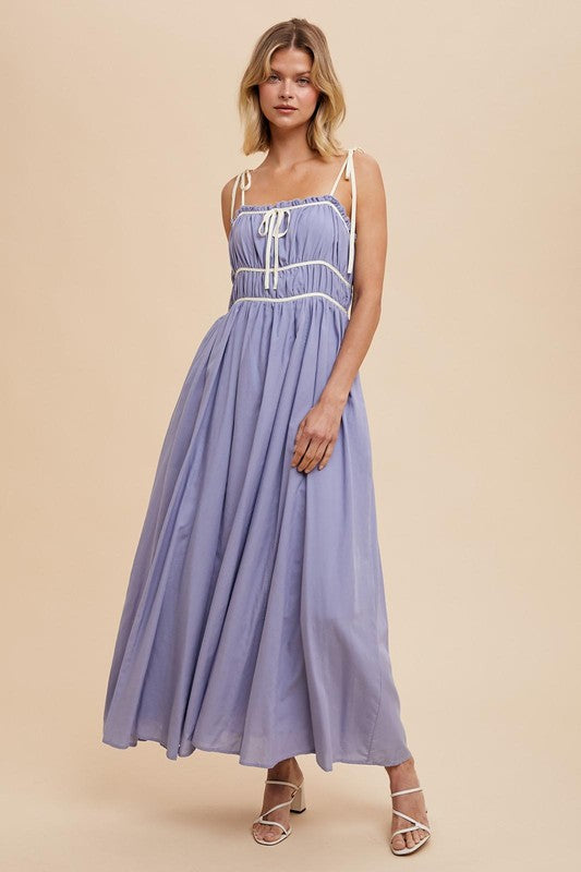 COTTON BLEND CONTRAST TRIM MAXI DRESS- in Eucalyptus- Final Sale