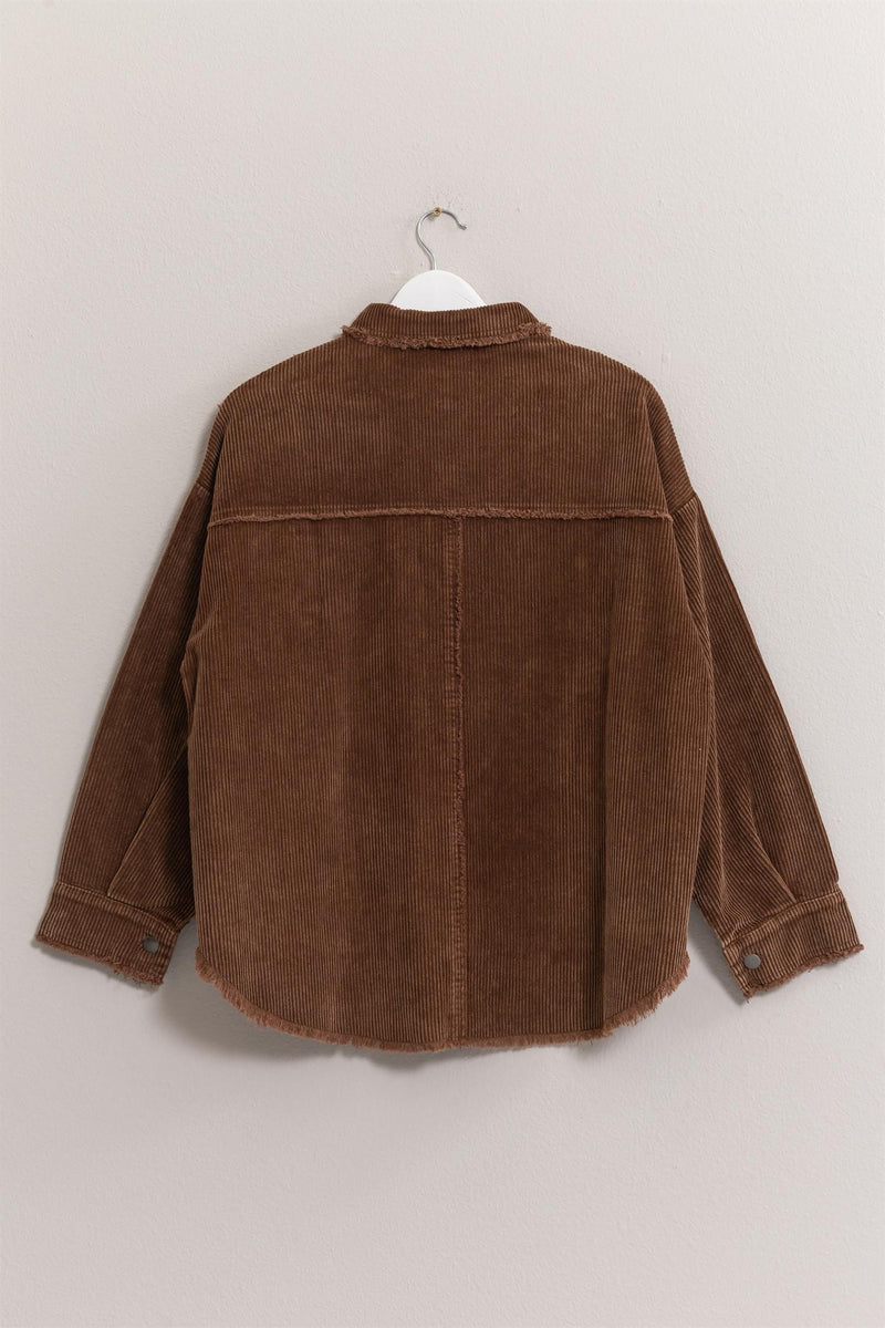 Washed Corduroy Frayed Shacket (Brown)