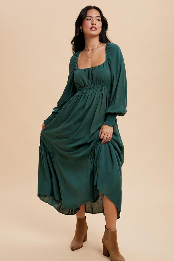 COTTON BUTTON DOWN MIDI DRESS (Forest Green)