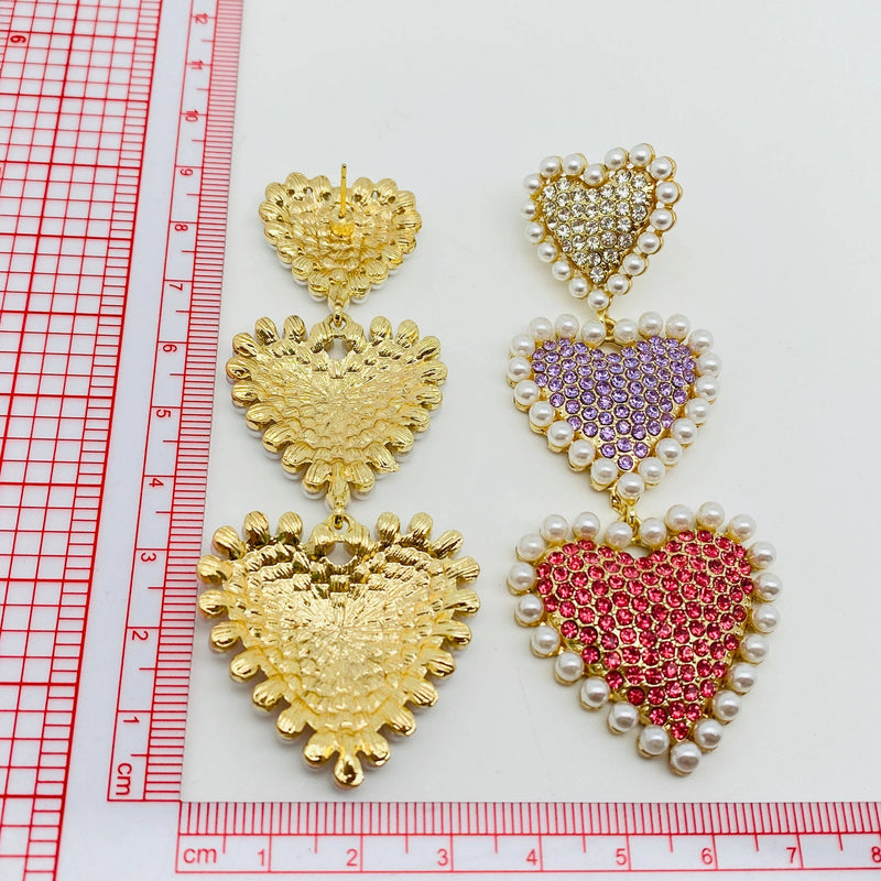 Colorful Rhinestone Pearl 3 Heart-shaped Earrings: Pink heart