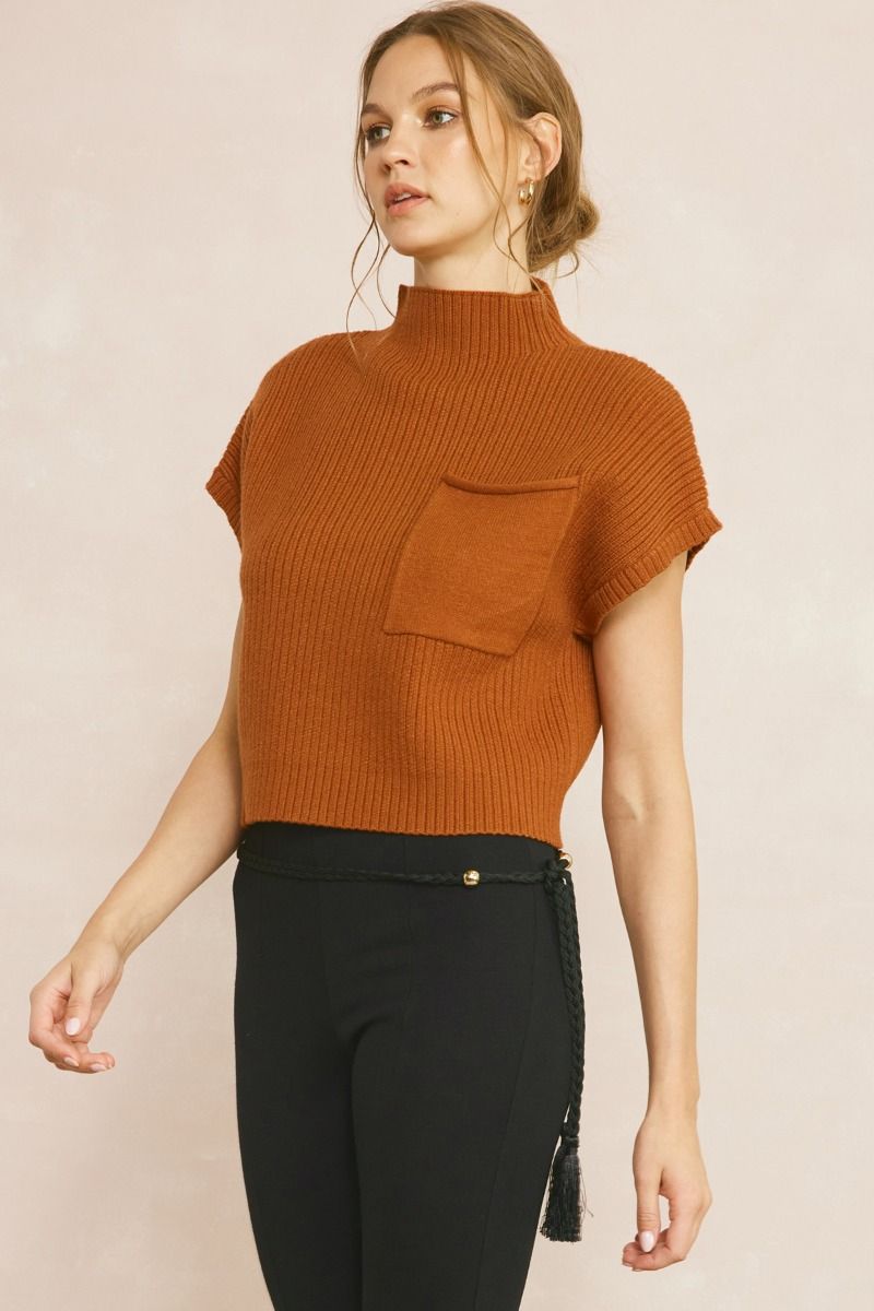 Knit Mock Neck Cropped Sweater in Copper