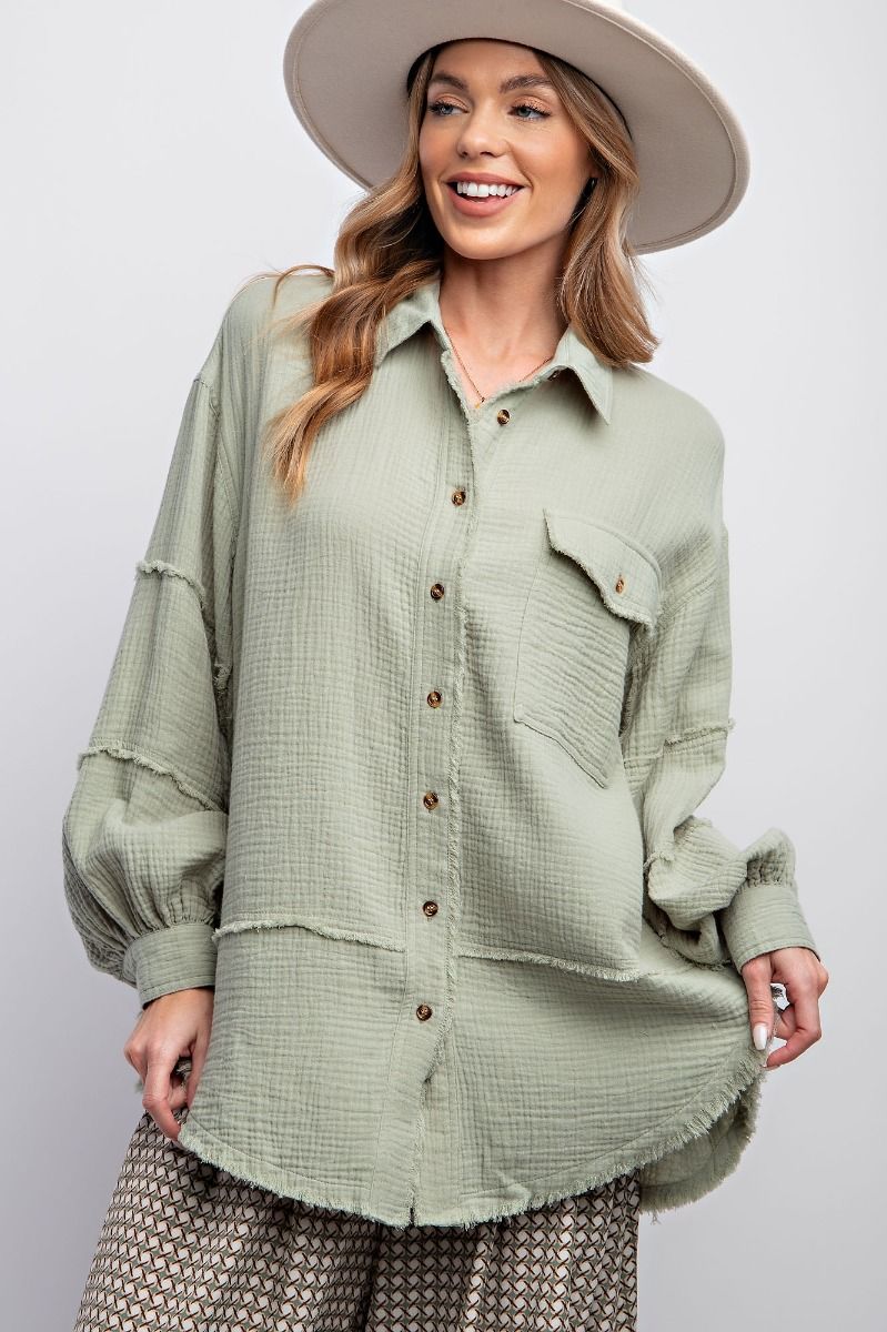 Faded Sage COTTON GAUZE LOOSE FIT SHIRT