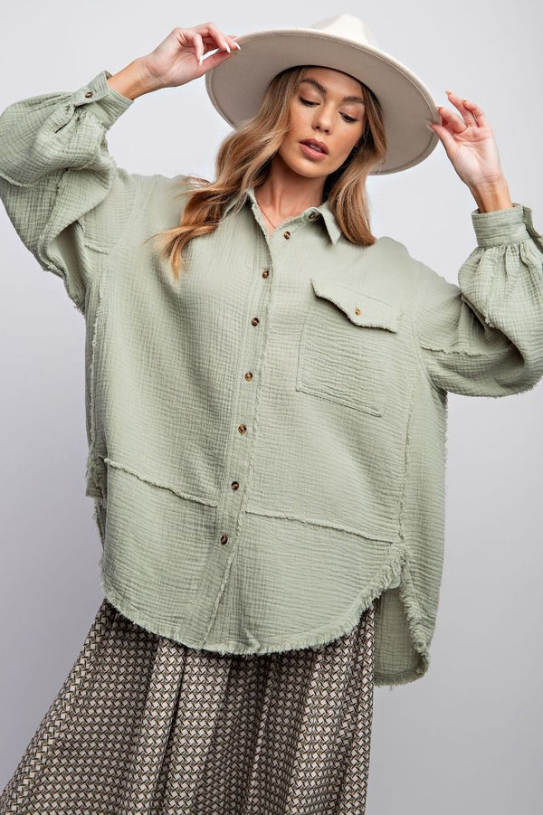 Faded Sage COTTON GAUZE LOOSE FIT SHIRT
