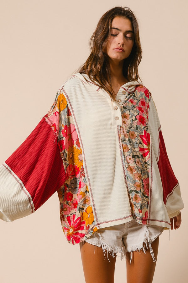 Knit and Print Mixed Hoodie Top (S-XL available)