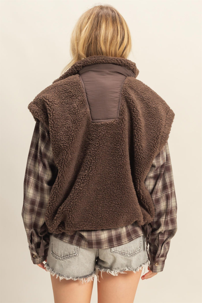 Brown Cozy Sherpa Vest Jacket With Tie-up Side Details
