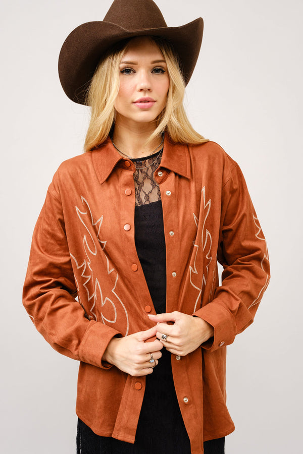 Western Suede Boots Stitch Snap Up Shirt Jacket