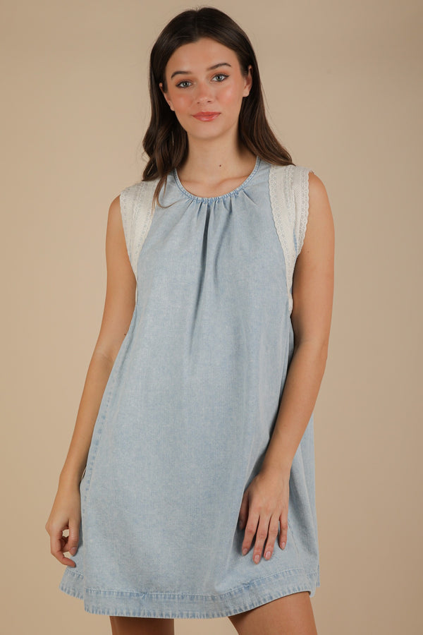 Washed Chambray Eyelet Trim Mini Dress