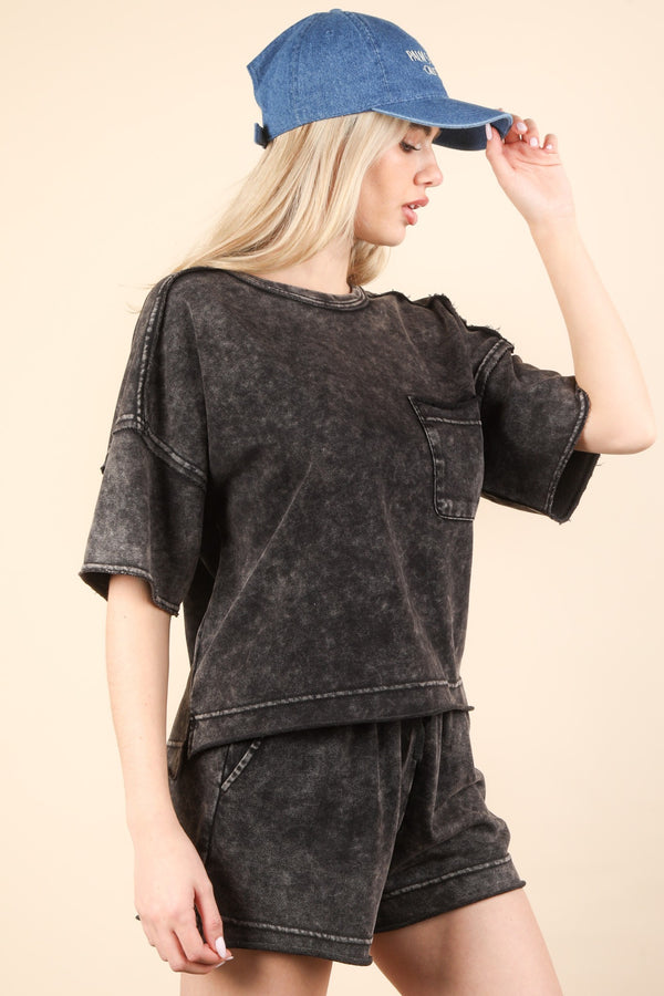 Mineral Washed Comfy Knit Top & Shorts Set in Black (TOP ONLY)