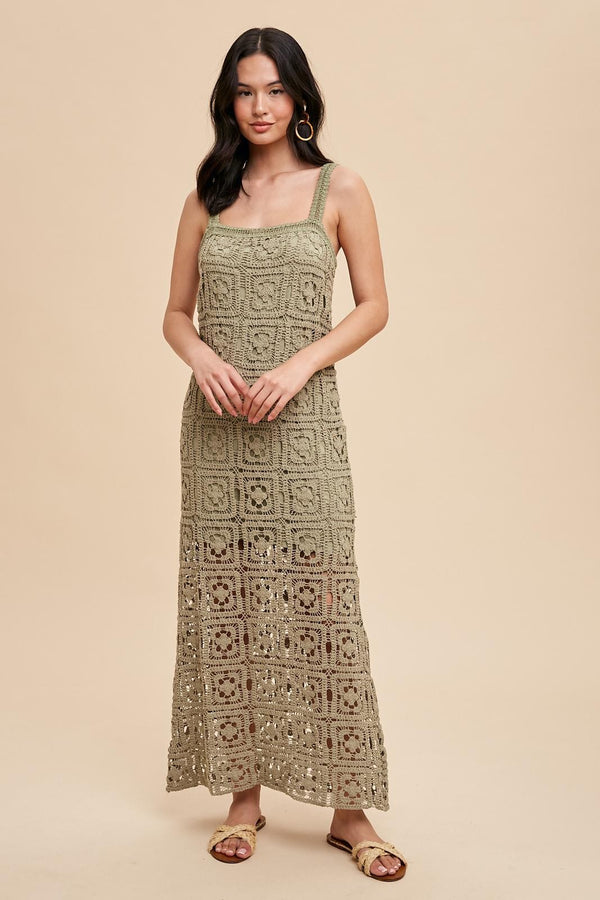 Cotton Crochet Maxi Tank Dress in Dusty Olive- Final Sale