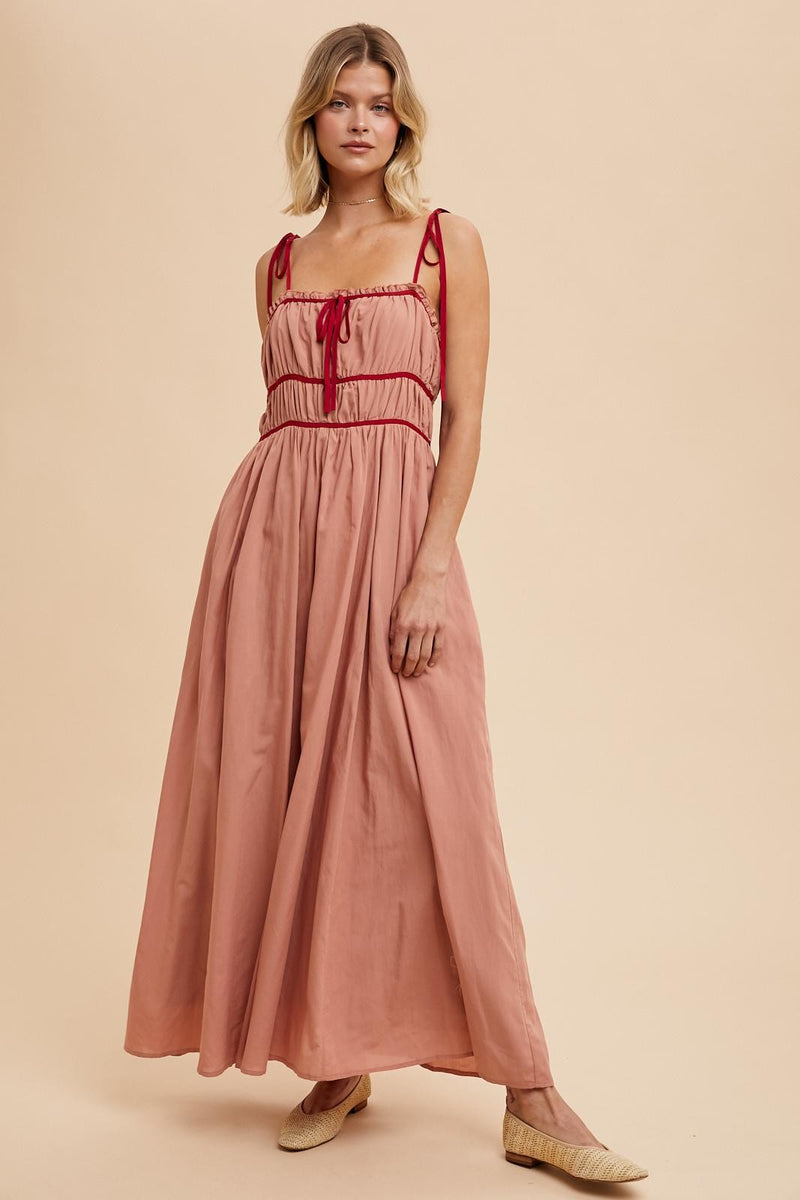 COTTON BLEND CONTRAST TRIM MAXI DRESS- in Dessert Flower-Final Sale