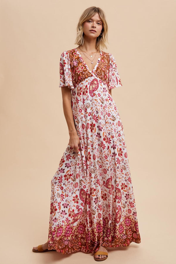 FLUTTER SLEEVE BORDER PRINT MAXI