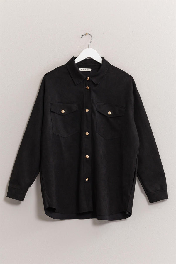 Oversized Suede Shirt With Pocket (Black)