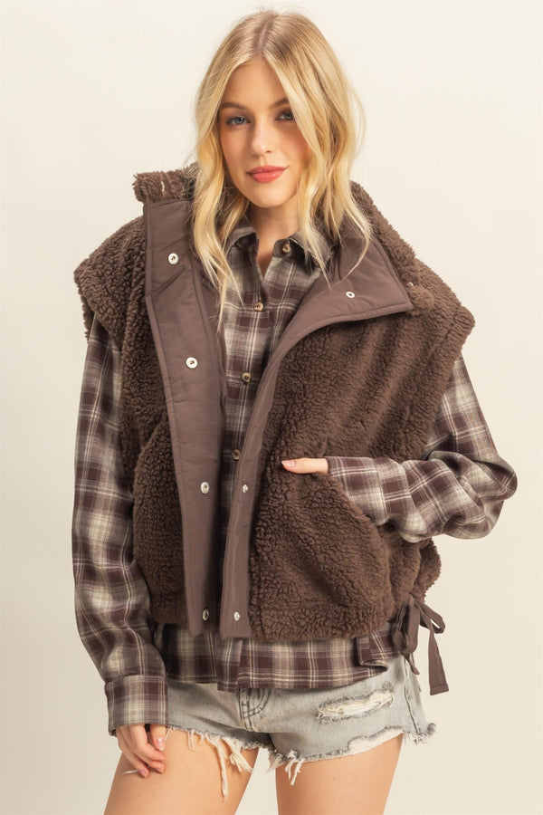 Brown Cozy Sherpa Vest Jacket With Tie-up Side Details