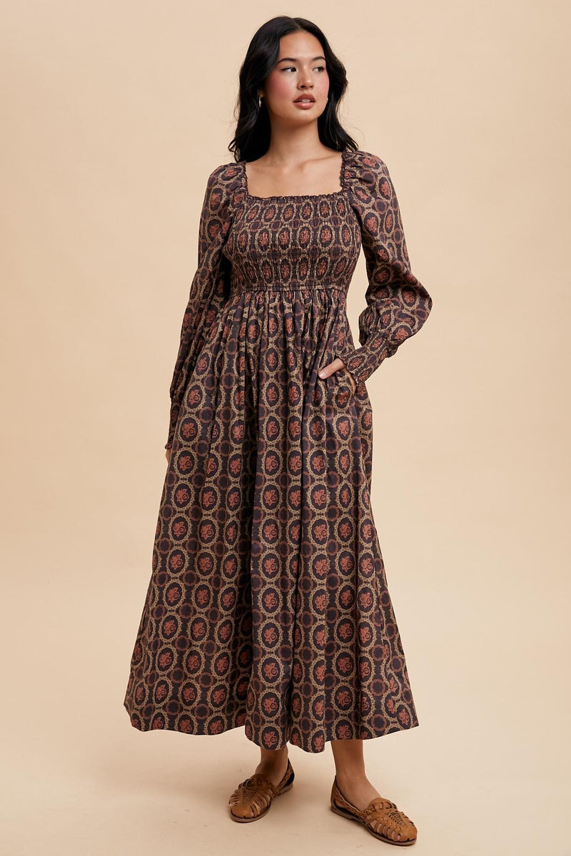 SMOCKED SQUARE NECK MAXI DRESS