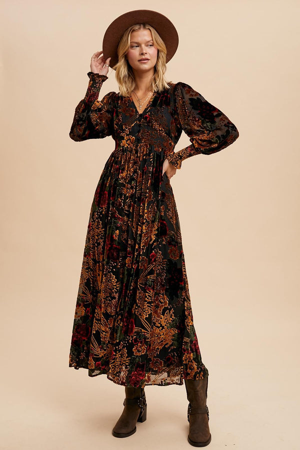 VELVET BURNOUT BUTTON DOWN MAXI DRESS in Red Rose Floral