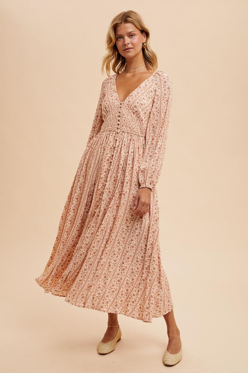 SMOCKED BUTTON DOWN MAXI DRESS