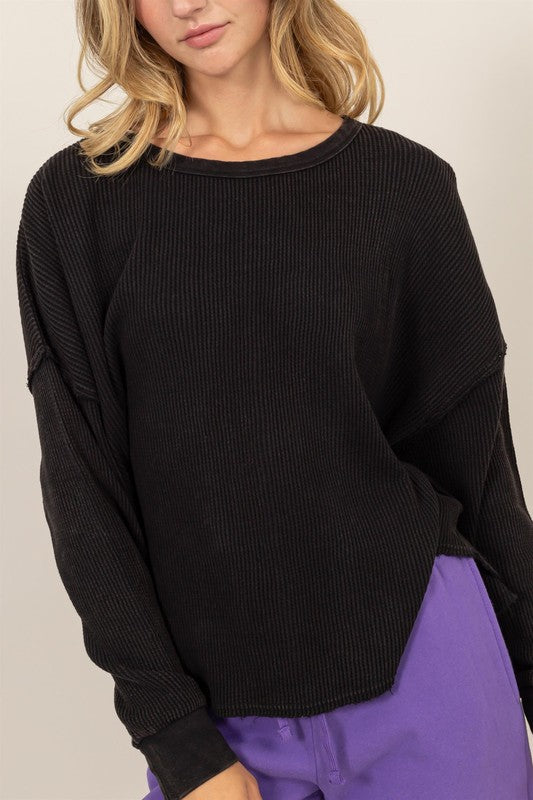 DROPPED SHOULDER RELAXED WAFFLE KNIT TOP (BLACK)