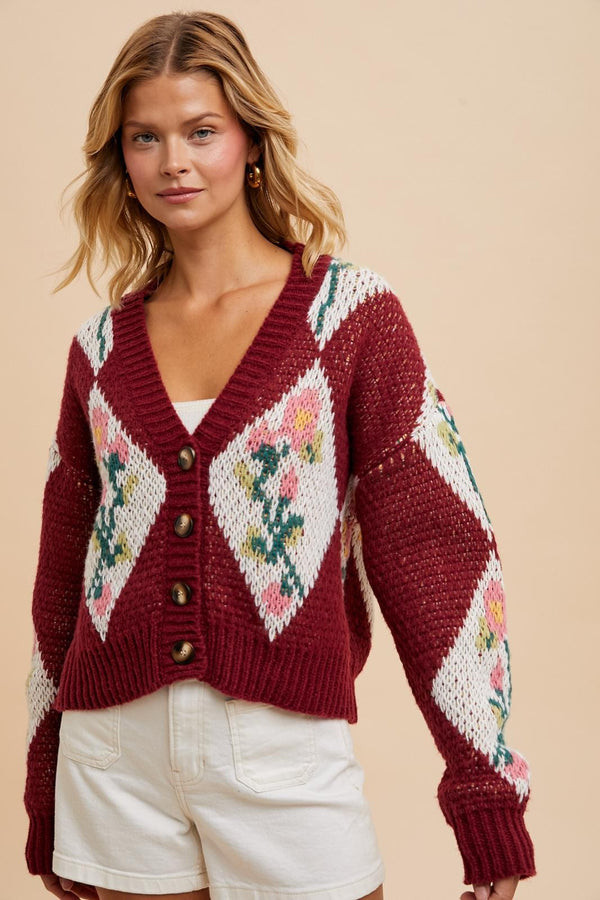 CROPPED CHUNKY FLORAL CARDIGAN (MERLOT)