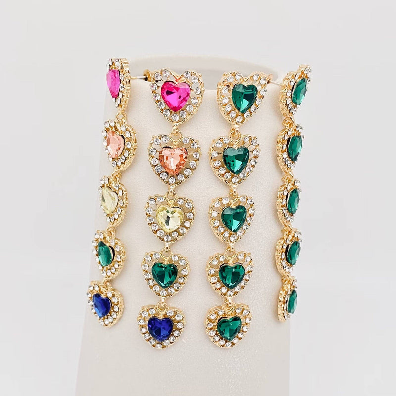 Inlaid Rhinestone Glass Heart-shaped Tassel Stud Earrings: Colored