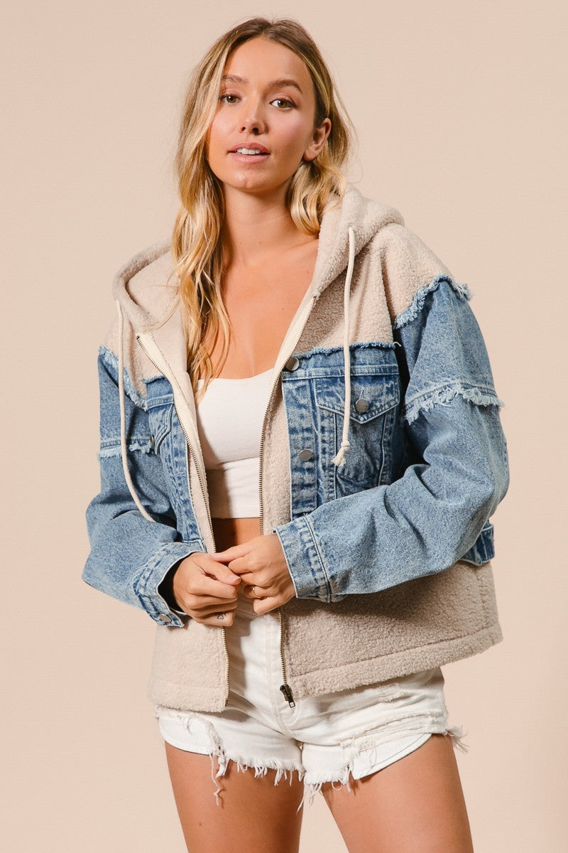 WASHED DENIM AND FLEECE MIX AND MATCH ZIP UP HOODIE (S-XL)