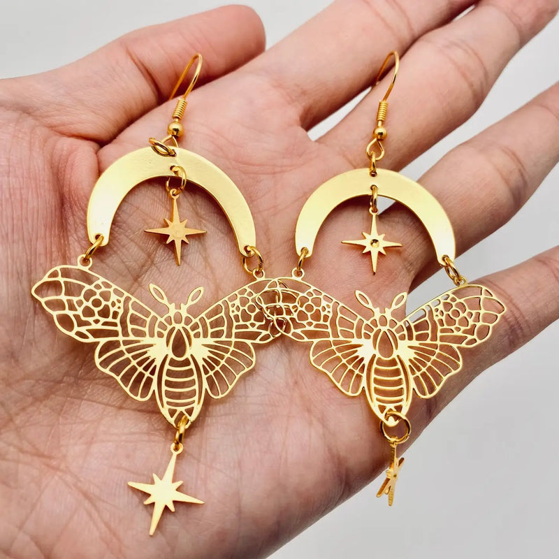 Golden Moth Moon Star Earrings