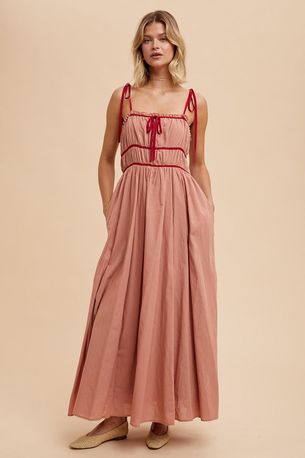 COTTON BLEND CONTRAST TRIM MAXI DRESS- in Dessert Flower-Final Sale