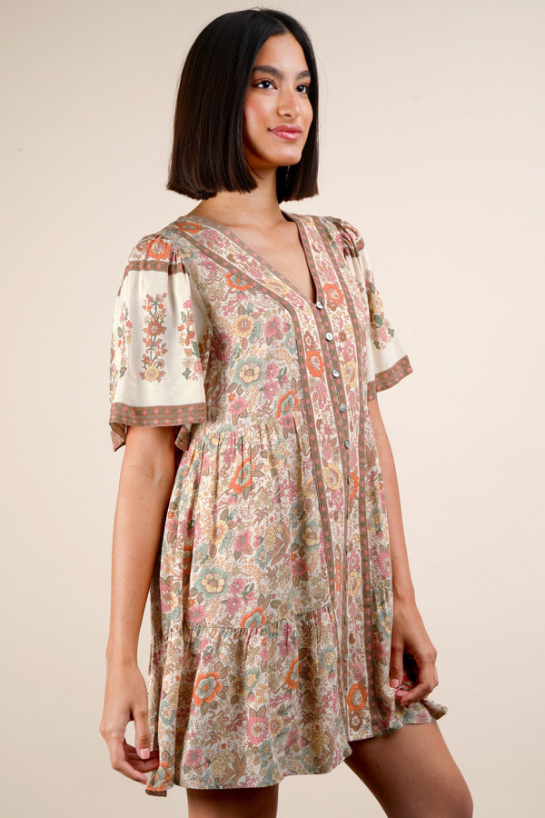 Shirring Detail Printed Woven Mini Dress in Natural Mix