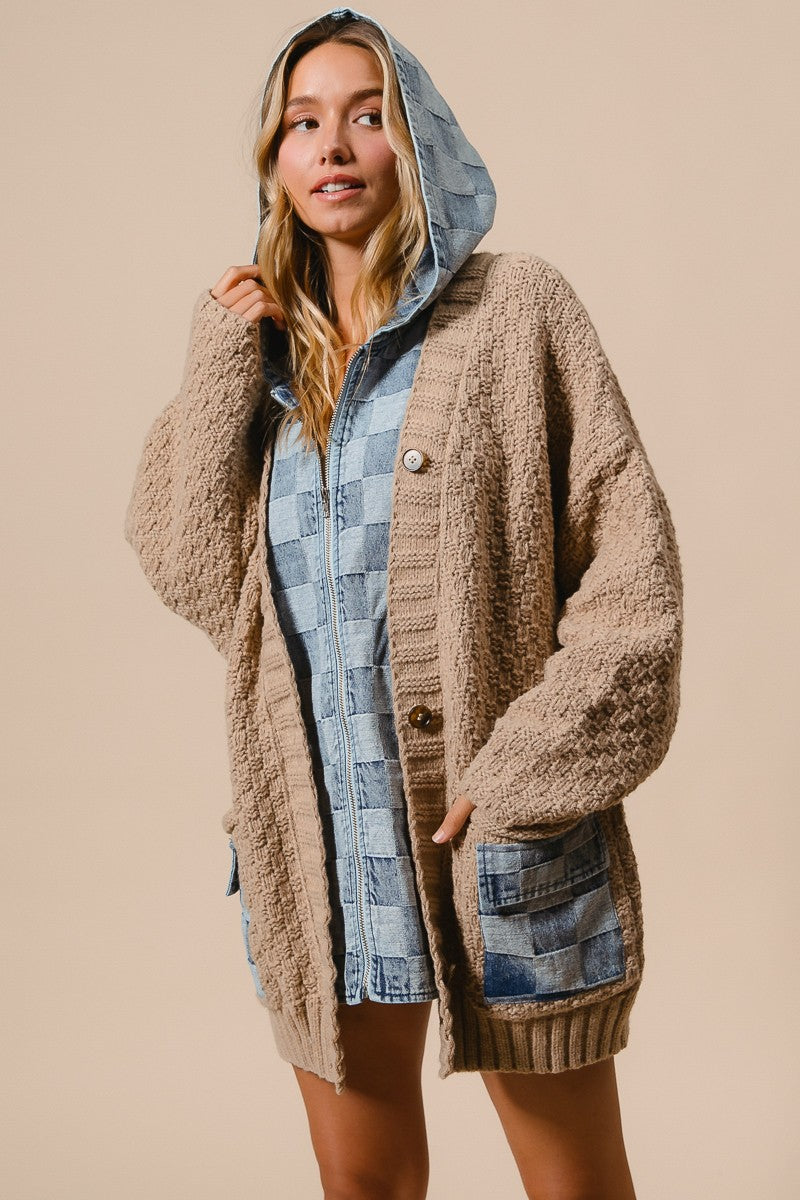 WASHED CHECKER DENIM ZIP UP SWEATER CARDIGAN (S-XL)