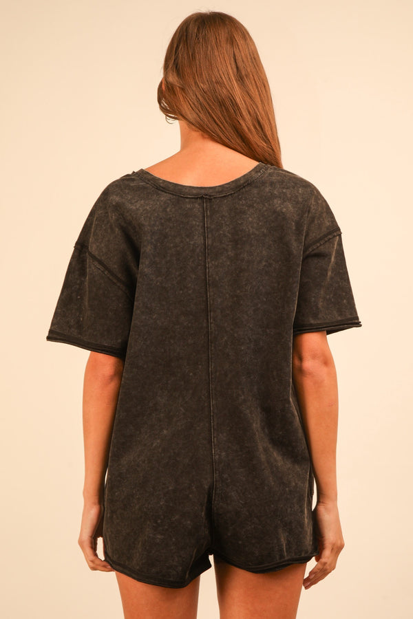 Mineral Washed Oversized Casual Knit Romper in Black