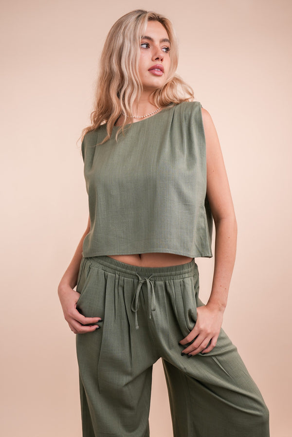 Solid Woven Top & Pants Set in Olive (TOP ONLY)