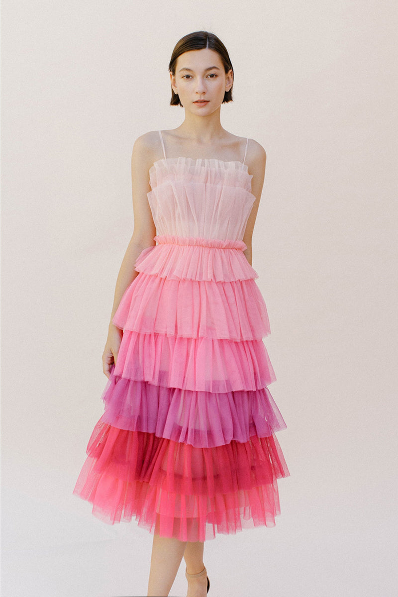 Pink-toned ombre tulle midi dress