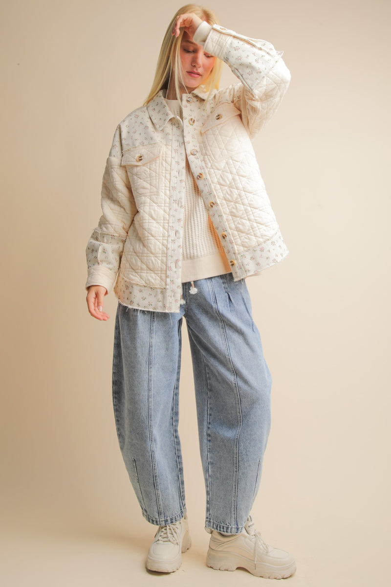 Oversized Floral Printed Contrast Cotton Jacket in Cream