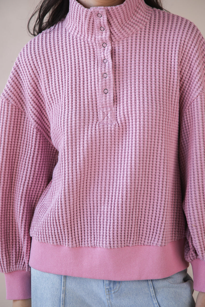 Oversized Half Button Down Casual Waffle Knit Top in Pink