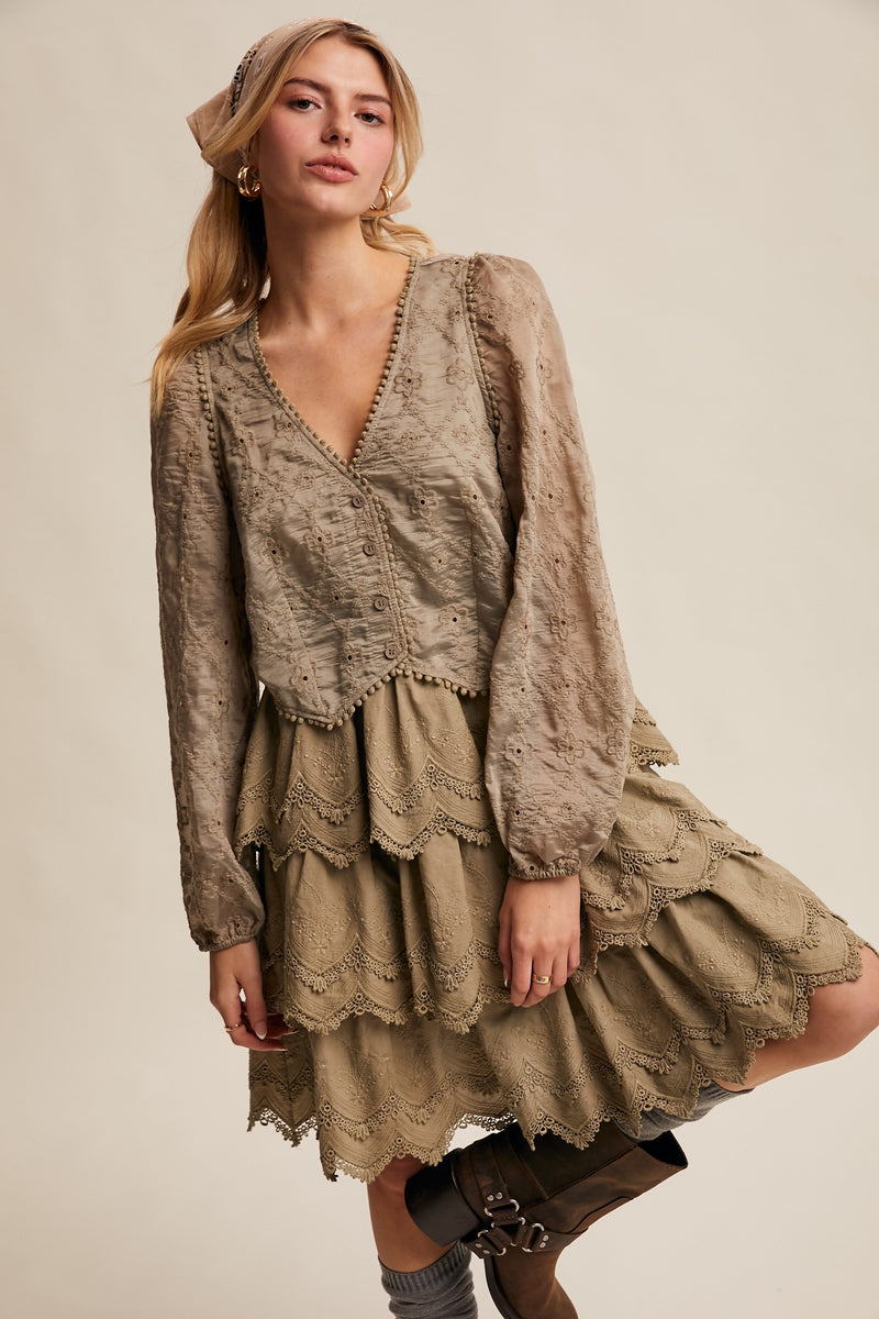 Tiered Scallop Embroidered Mini Dress in Olive