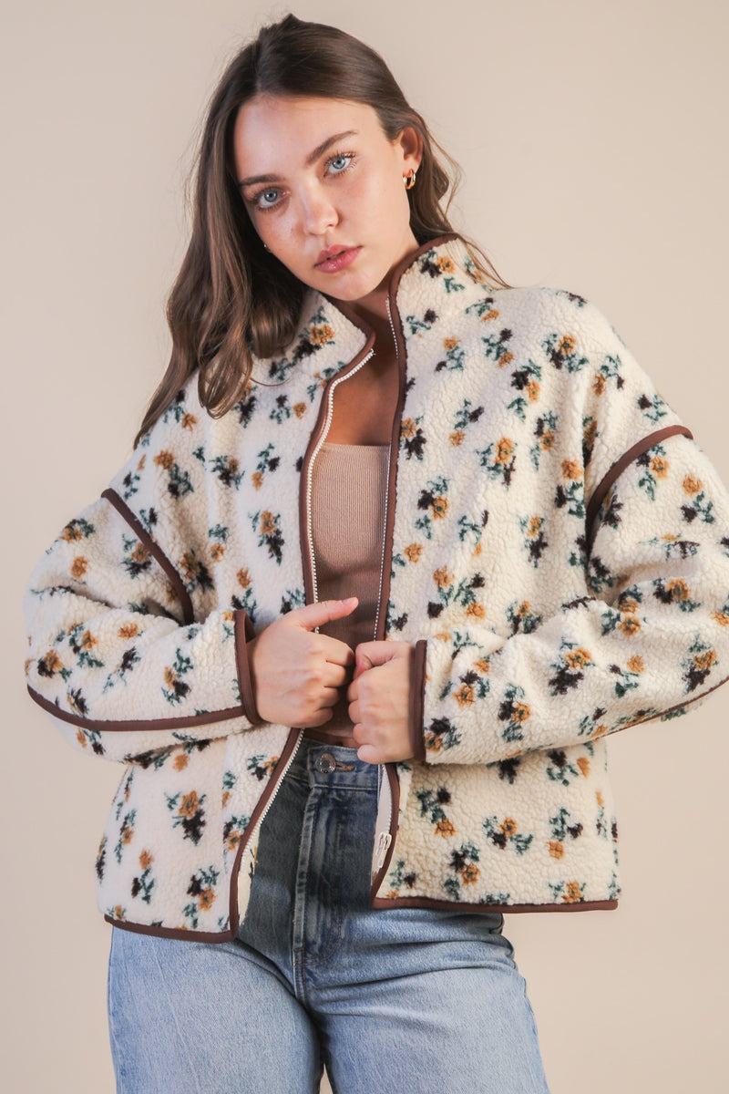 Oversized Floral Printed Fleece Sherpa Jacket