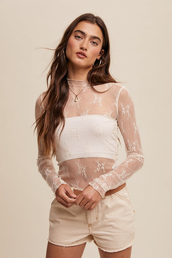 Sheer Lace Long-sleeve Top in Ecru