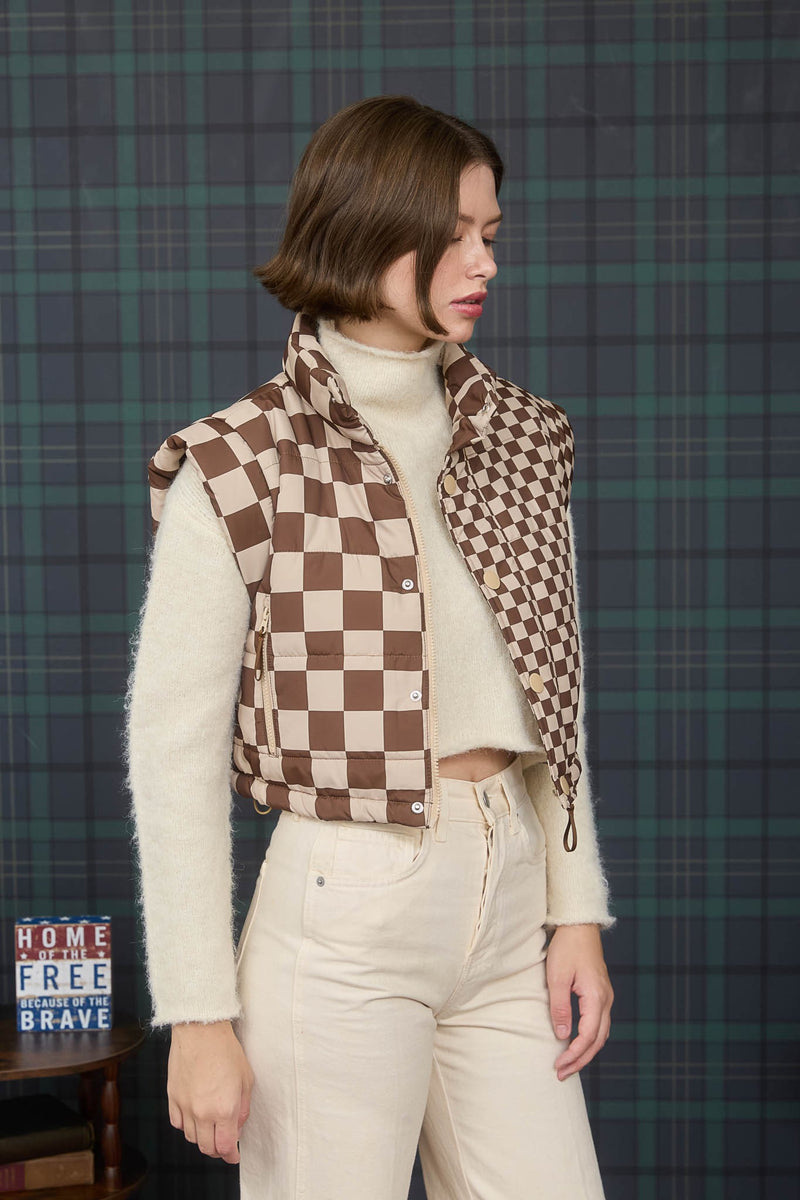 Checkered Cropped Zip-up Puffer Vest in Brown