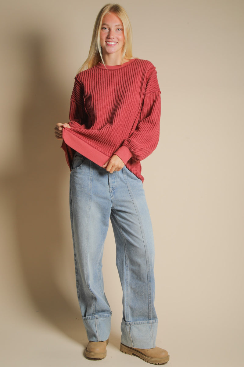 Oversized Waffle Knit Casual Top in Burgundy