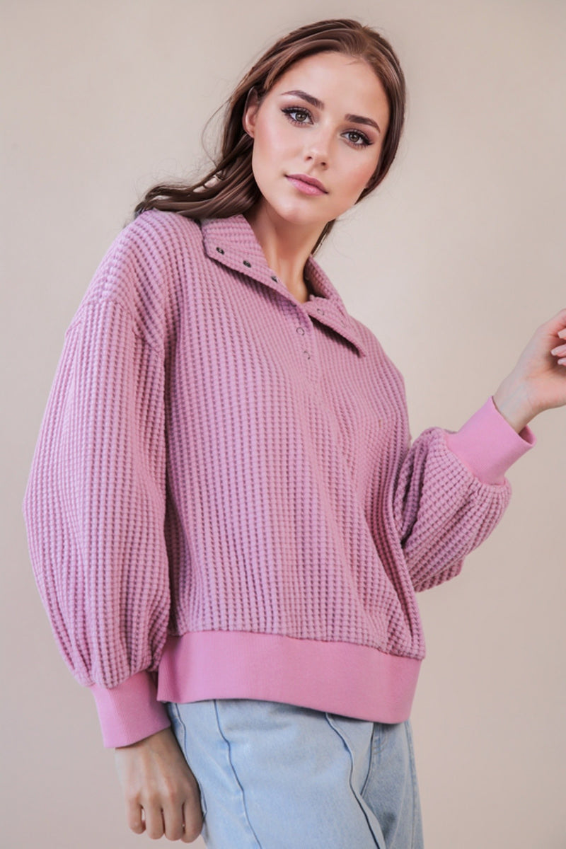 Oversized Half Button Down Casual Waffle Knit Top in Pink