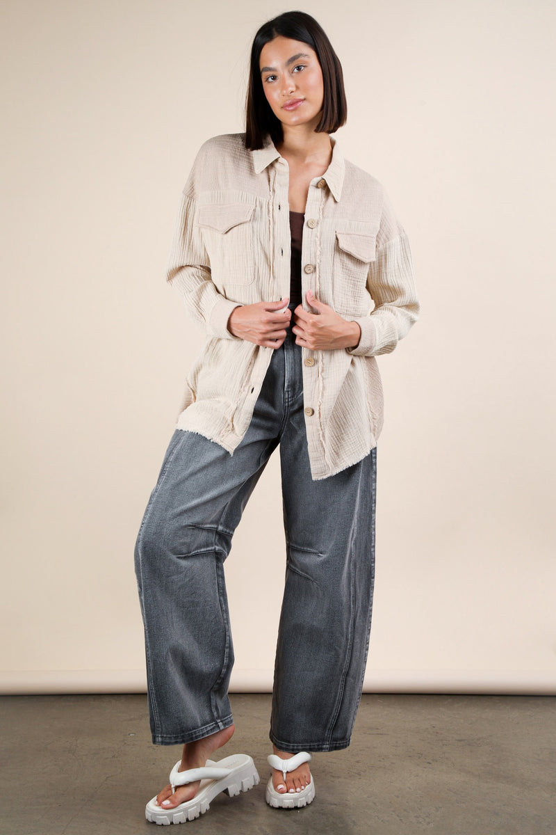 Mineral Washed Oversized Gauze Shacket Jacket in Taupe